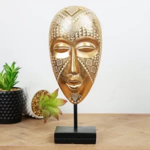 Ornate Gold Finish African Mask on Stand Sculpture