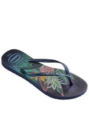 Havaianas Slim Tropical Flip Flops, Navy, Size 5, Women