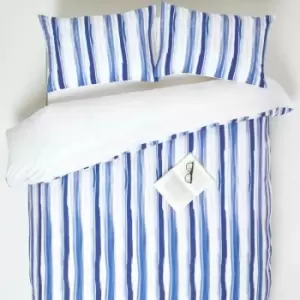 Blue Stripe Digitally Printed Cotton Duvet Cover Set, Double - Blue - Homescapes
