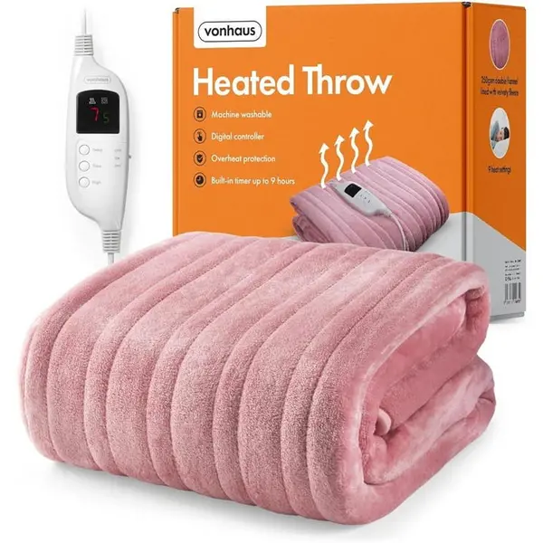 VonHaus Heated Throw Blanket Electric Over Throw Fleece - Pink One Size