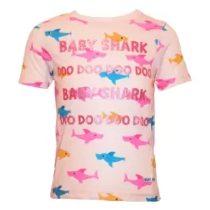 Baby Shark Girls Glitter All-Over Print T-Shirt (3-4 Years) (Pink)
