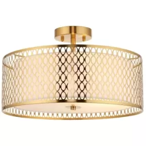 Endon Cordero Decorative Flush Ceiling Lamp, Gold Effect Plate, White Fabric, Frosted Glass