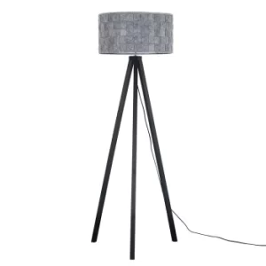 Barbro Black Wood Tripod Floor Lamp with XL Grey Monza Shade