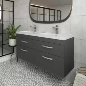 Athena Wall Hung 4-Drawer Vanity Unit with Double Ceramic Basin 1200mm Wide - Gloss Grey - Nuie