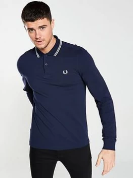 Fred Perry Long Sleeved Twin Tipped Polo Shirt - Navy, Cranberry=Navy, Size 2XL, Men