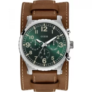 GUESS Gents silver watch with green dial and leather strap with removable cuff.