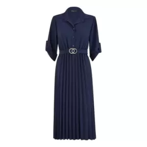 Mela London Navy Pleated Skirt Midi Shirt Dress - Blue