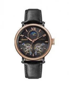 Ingersoll Ingersoll Hollywood Black And Rose Gold Detail Moonphase Automatic Dial Black Leather Strap Watch