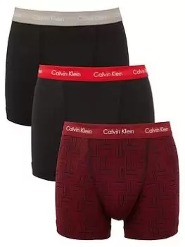 Calvin Klein 3 Pack Cotton Stretch Trunks - Black/Burgundy Print, Multi, Size S, Men