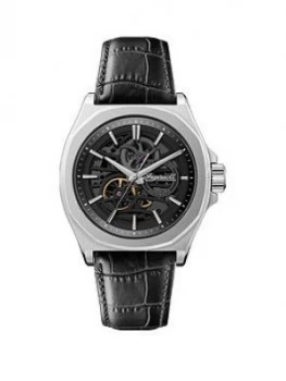 Ingersoll Ingersoll Black And Silver Detail Skeleton Automatic Dial Black Leather Strap Watch