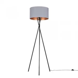 Camden Black Tripod Floor Lamp with XL Grey and Copper Reni Shade