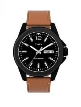 Timex Timex Essex Avenue 44Mm Silver Tone Case Blue Dial Brown Leather Strap Watch