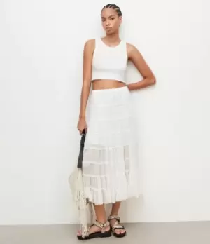 AllSaints Womens Eva Maxi Tiered Skirt, Chalk White, Size: 8