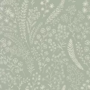Grandeco Sage Green Astrid Embroidery Stitch Foliage Trail Wallpaper - wilko
