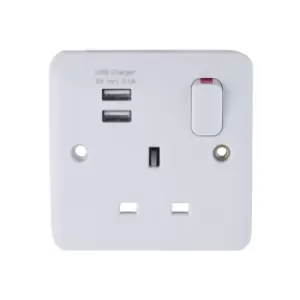Schneider Electric Lisse White Moulded - Switched Single Power Socket, 13A, Single Pole, with 2 USB Charging Ports, 2.1A shared, GGBL30102USBAS, White