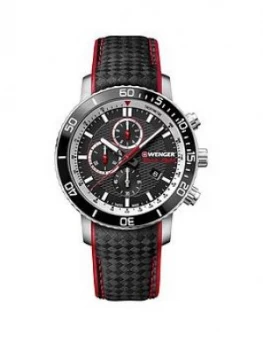 Wenger Swiss Made Roadster Black Night Chronograph 45Mm Dial Black And Red Detail Leather Strap Mens Watch