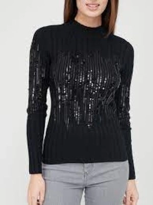 Hugo Boss Rib Embroidered Turtle Neck Knitted Jumper Black Size L Women