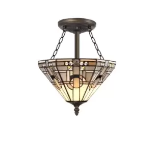 3 Light E27 Semi Flush Ceiling With Tiffany Shade 30cm Shade, White, Grey, Black, Clear Crystal, Aged Antique Brass