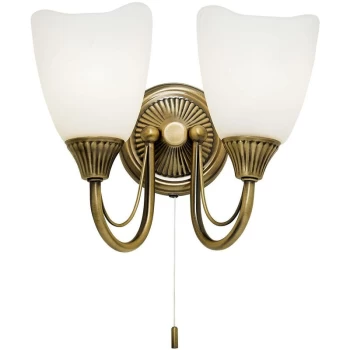 Endon Haughton - 2 Light Indoor Wall Light Antique Brass with Opal Glass, E14