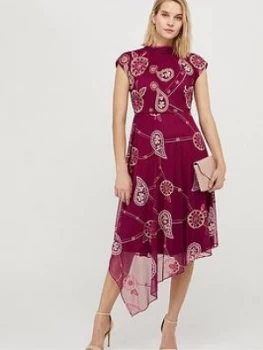 Monsoon Annelisse Recycled Polyester Embroidered Dress - Berry, Size 16, Women