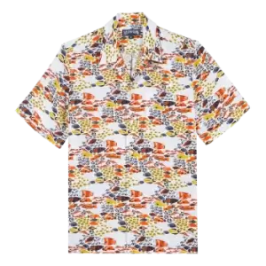 Men Linen Bowling Shirt Fish Family - Charli - White - Size XL - Vilebrequin