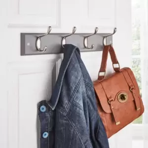 House of Home Heavy Duty 4 Double Coat Hooks Wall Or Door Mountable Grey Wooden Board With Fixings