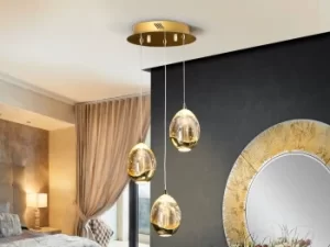 Roc Integrated LED 3 Light Crystal Cluster Drop Ceiling Pendant Gold Bubble Effect