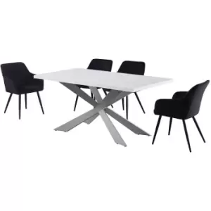 5 Pieces Life Interiors Camden Duke Dining Set - a White Rectangular Dining Table and Set of 4 Black Dining Chairs - Black
