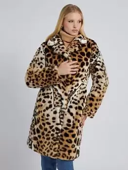 Guess Diletta Leopard Print Faux Fur Coat - Leopard, Multi, Size L, Women