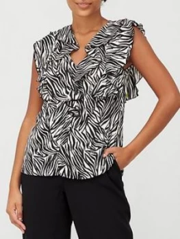 Wallis Zebra Short Sleeve Ruffle Top - Black, Size 18, Women