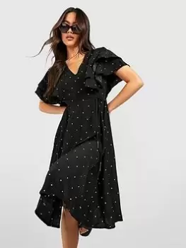 Boohoo Polka Dot Ruffle Midi Dress - Black, Size 12, Women