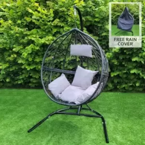 Jardi - Black Egg Chair Rattan Hanging Swing Bench Garden Patio Outdoor Indoor with Cushions - Black