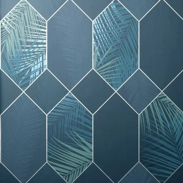 FINE DECOR Navy Silver Miami Wallpaper Fine Decor Tropical Jungle Geometric Metallic WL-FD42837