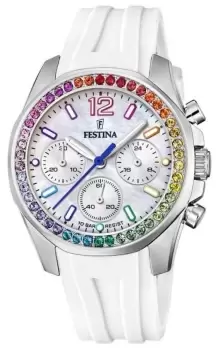 Festina F20610/2 Ladies Steel Chrono W/CZ Set & Rubber Watch
