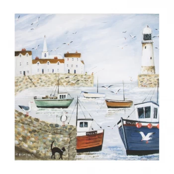 Art for the Home Harbourside Coastal Boats Lighthouse Printed Canvas Wall Art - One size - white