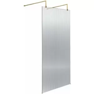 Fluted Wet Room Screen with Brushed Brass Support Arm and Feet 900mm Wide - 8mm Glass - Hudson Reed