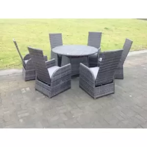 Fimous Dark Grey Mixed Outdoor Wicker Rattan Garden Furniture Reclining Chair And Table Dining Sets 6 Seater Round Table