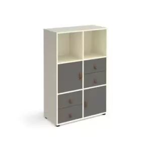 Universal cube storage unit 1295mm high on glides with 2 cupboards and 2 sets of drawers - white with grey inserts