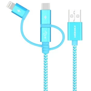 Momax One Link 3-in-1 (USB-A to Micro/Lightning/Type C) Cable (1m) DX1B - Light Blue