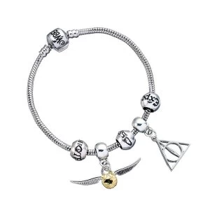 Harry Potter Charm Set- Silver Bracelet/Deathly Hallows/ Snitch/ 3 Spell Beads