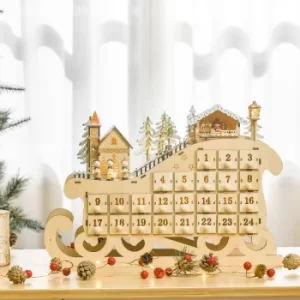 Christmas Time Christmas Advent Calendar, Light Up Wooden Sled w/ Countdown Drawer, Village