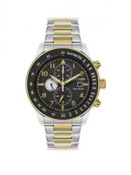 Citizen Black And Gold Detail Chronograph Dial Two Tone Stainless Steel Bracelet Mens Watch