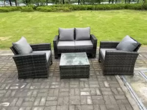 4 Seater Dark Grey Mixed High Back Rattan Sofa Set Square Coffee Table Garden Furniture Outdoor Patio