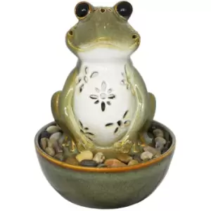 Frog Tabletop Indoor Fountain / Water Feature with LED Light and Pebbles - Green / Cream