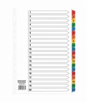 Index 1-20 A4 Card White with Coloured Mylar Tabs