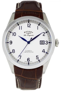 Mens Rotary GS90025-18-X Automatic White Dial Brown Strap Wristwatch Colour - Silver Tone