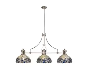 3 Light Telescopic Ceiling Pendant E27 With 30cm Tiffany Shade, Polished Nickel, Blue, Clear Crystal