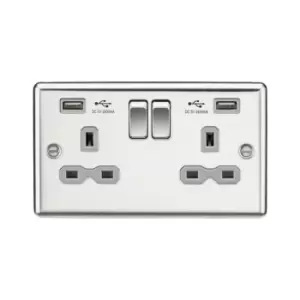 Knightsbridge - 13A 2G Switched Socket Dual usb Charger (2.4A) with Grey Insert - Rounded Edge Polished Chrome