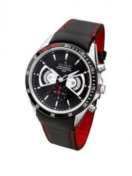 Accurist Black And Silver Detail Chronograph Dial Black Leather And Red Detail Strap Mens Watch