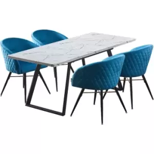 5 Pieces Life Interiors Vittorio Toga Dining Set - an Extendable White Rectangular Wooden Dining Table and Set of 4 Blue Dining Chairs - Blue